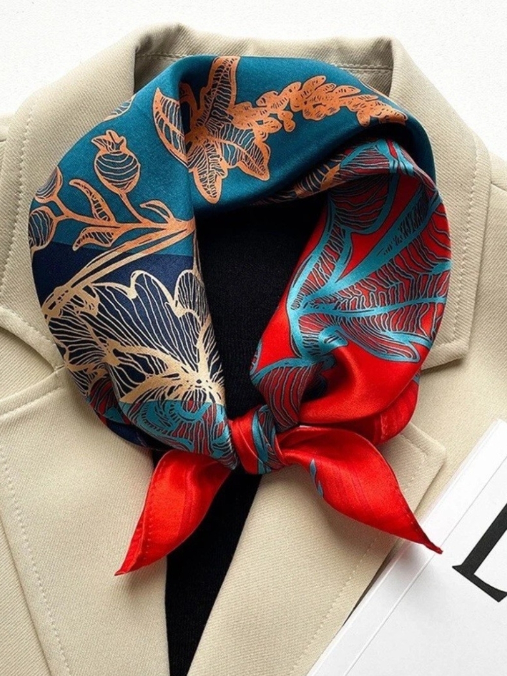 Floral Satin Scarf in Red, Teal & Navy - Picture 2 of 3